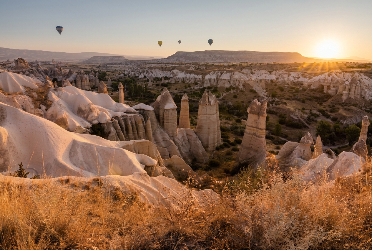 Paesaggio della Cappadocia all’alba con mongolfiere sulle formazioni rocciose